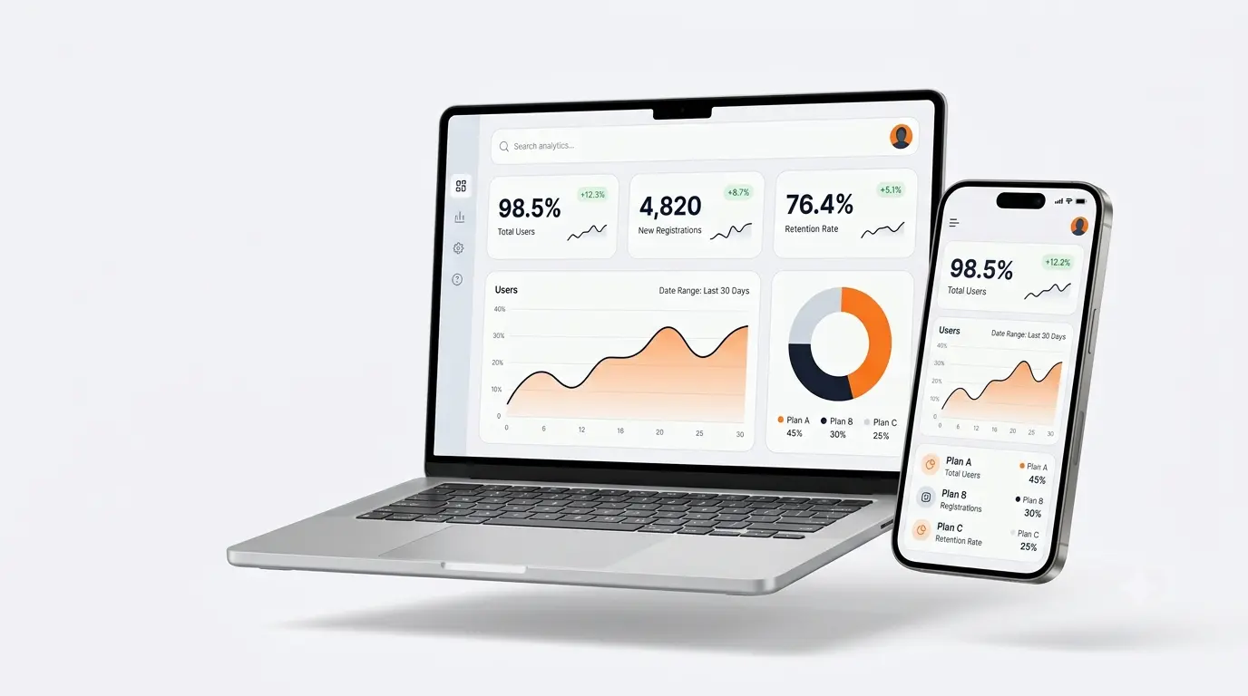 Shelbu sample product — analytics dashboard shown on a laptop and iPhone